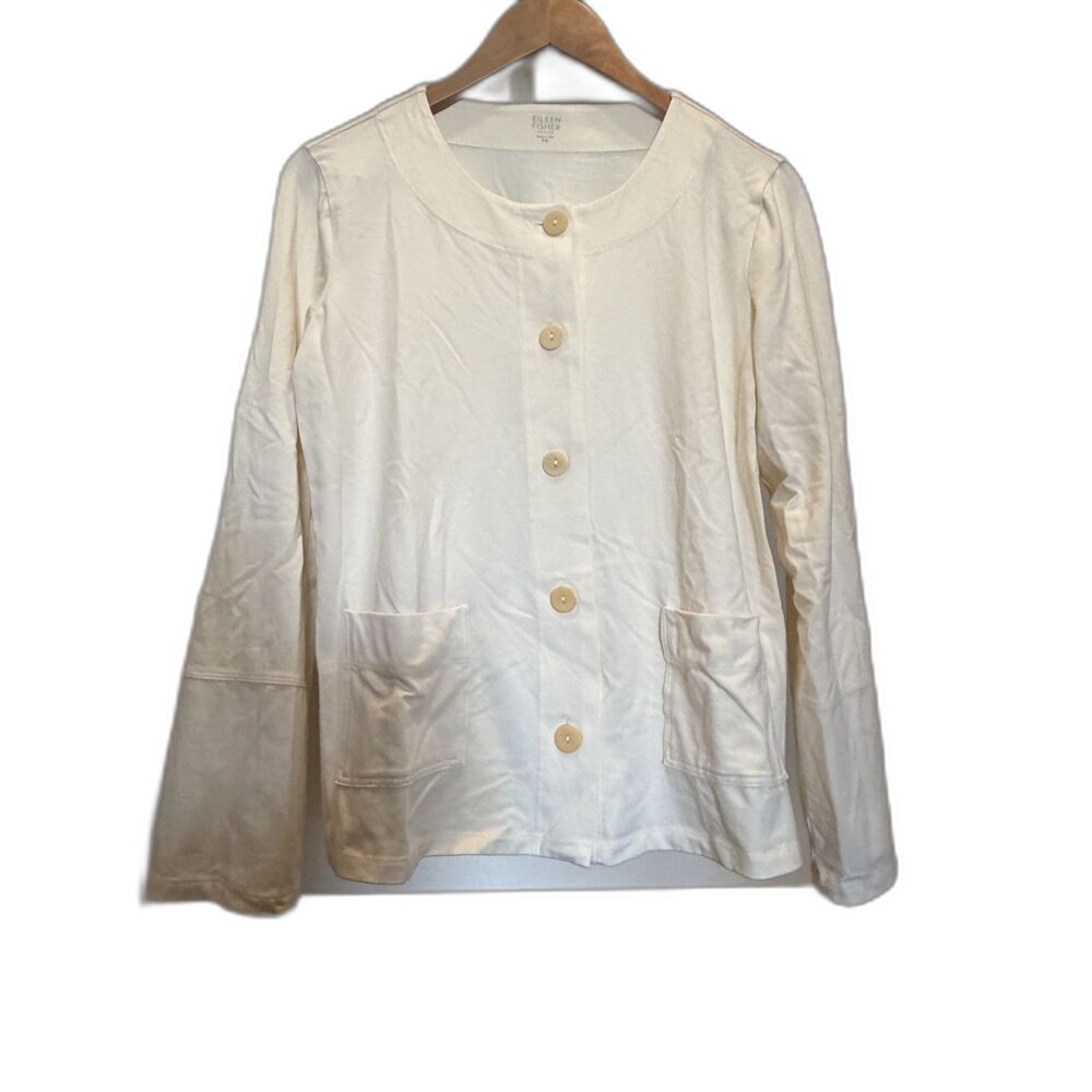 Eileen Fisher Jacket Petite Medium Stretch Chore Cardigan Off White USA MADE